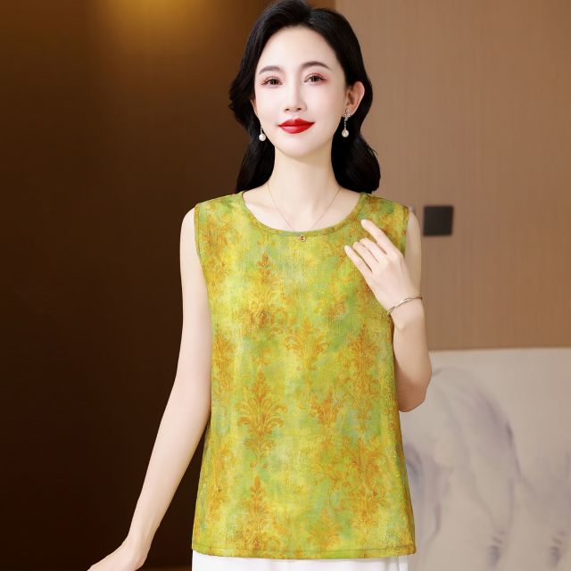 13691159.珍真羊 夏季圆领印花无袖上衣洋气百搭加大码T恤女