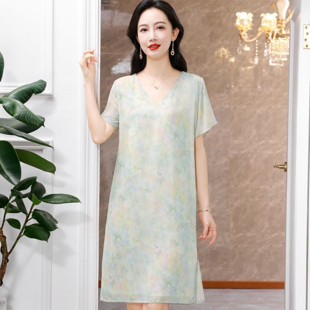 13694471.珍真羊 夏季圆领短袖连衣裙洋气宽松减龄裙子女