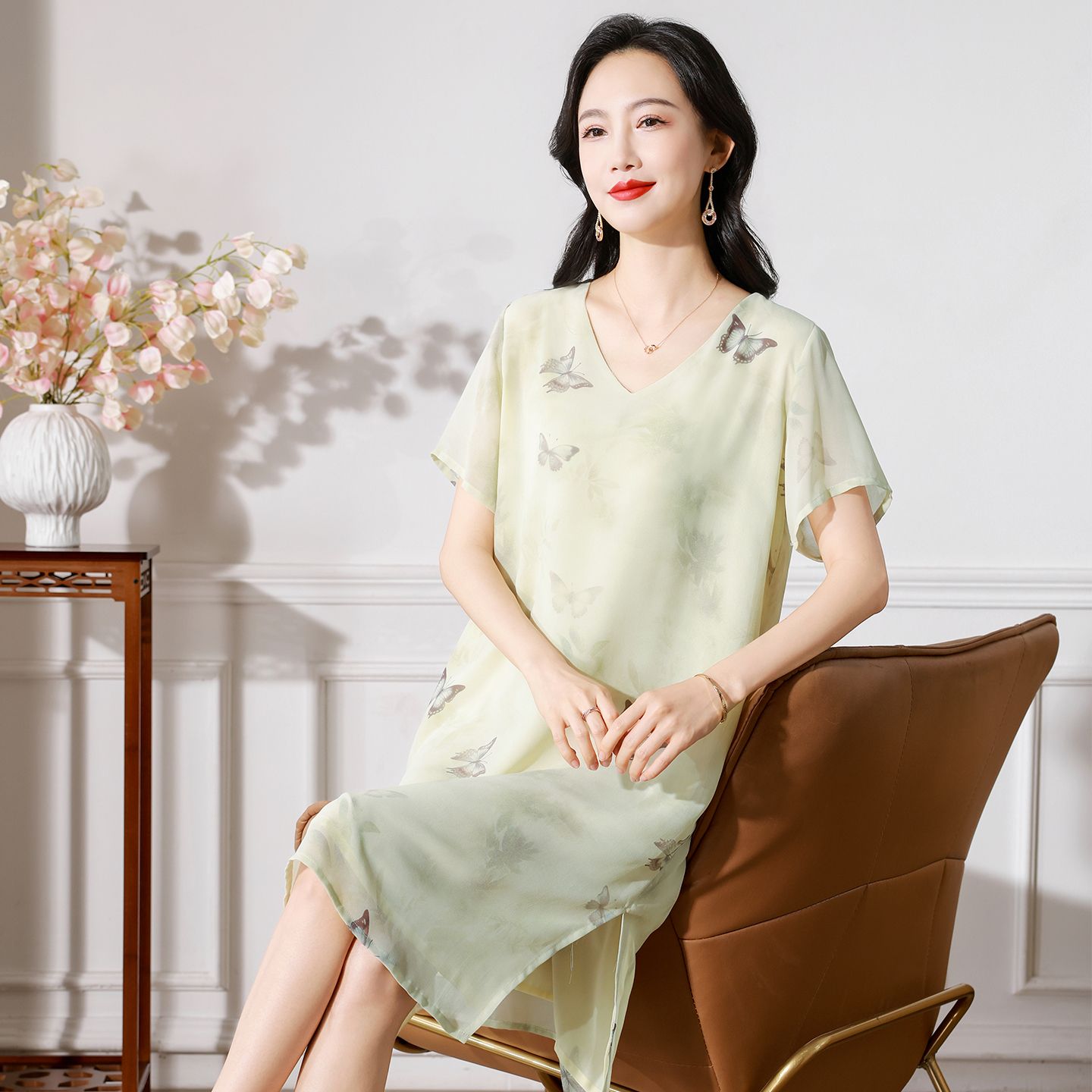 13696585.珍真羊 夏季印花蝴蝶短袖连衣裙洋气宽松裙子女