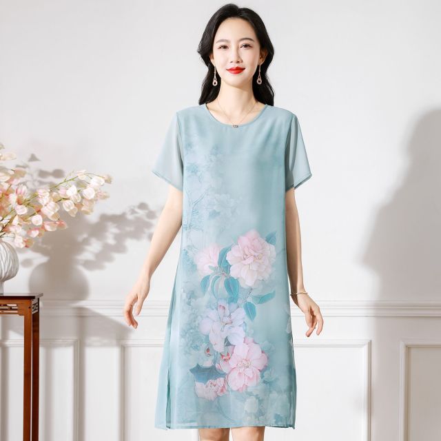 13698279.珍真羊 夏季国风印花短袖连衣裙时尚宽松减龄裙子女