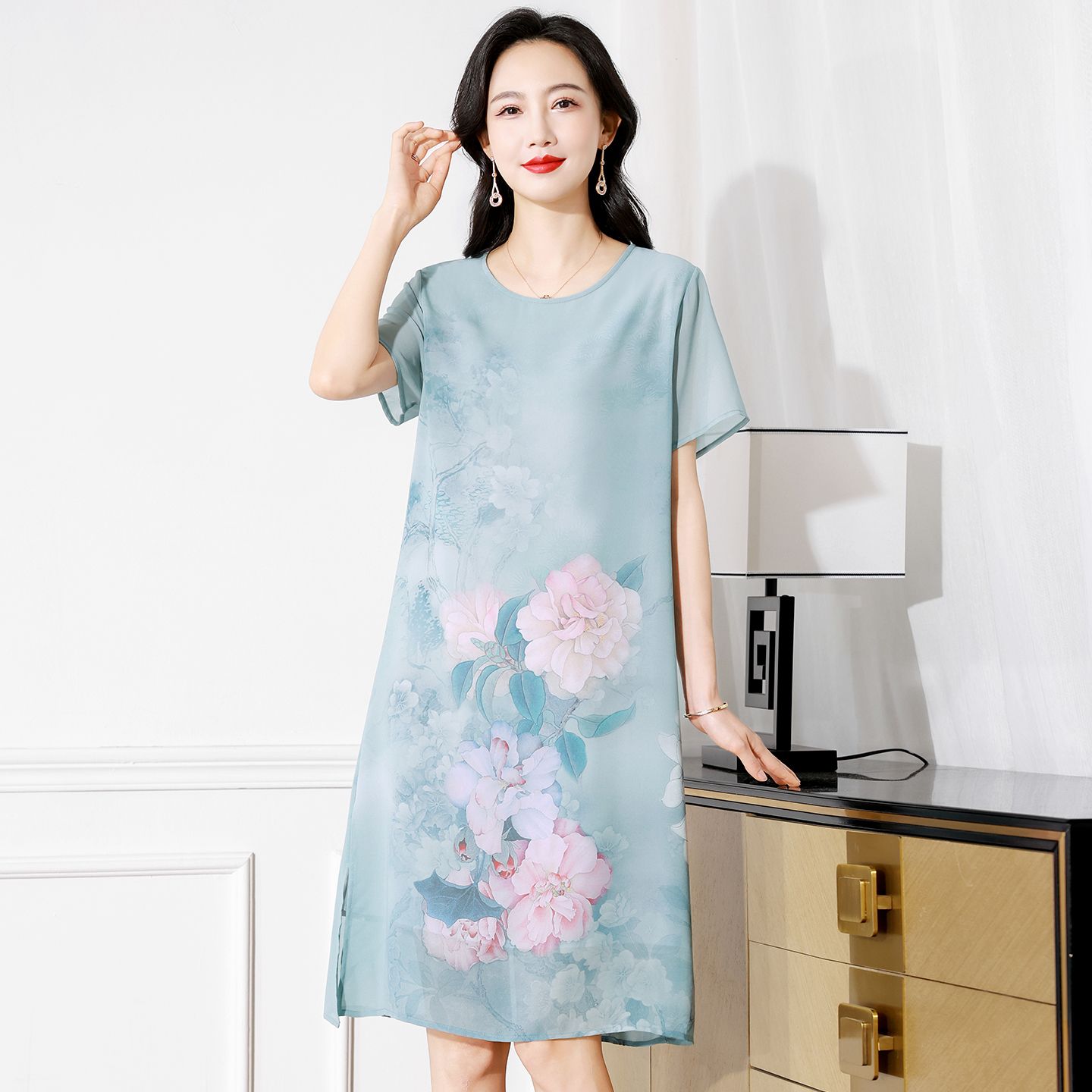 13698279.珍真羊 夏季国风印花短袖连衣裙时尚宽松减龄裙子女