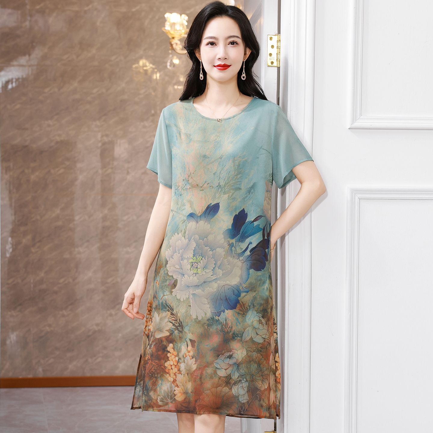 13700722.珍真羊 妈妈装夏季短袖连衣裙复古印花裙子女