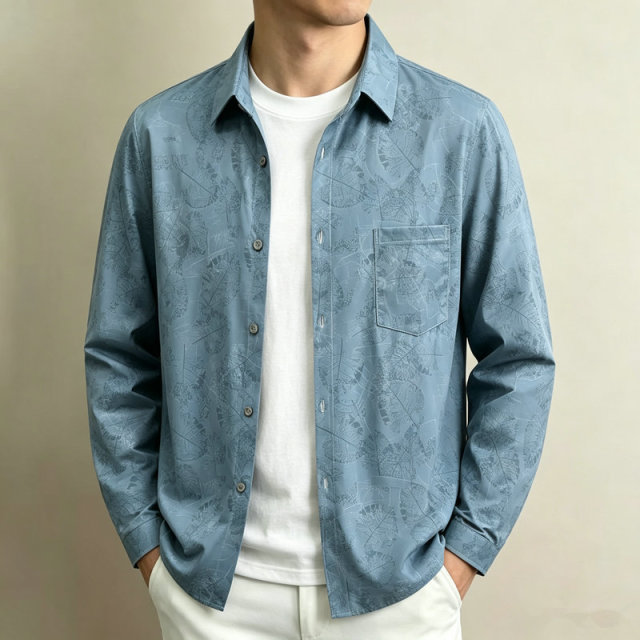 13700940.珍真羊 男士印花长袖衬衫外套秋装新款百搭休闲衬衣
