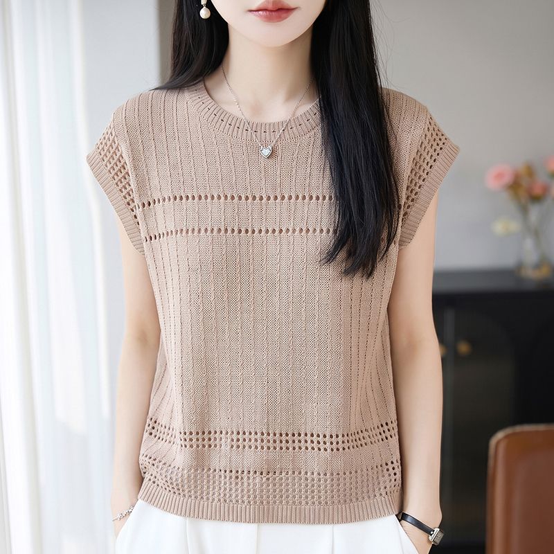 13704290.珍真羊 夏季镂空短袖针织上衣天丝亚麻减龄T恤女