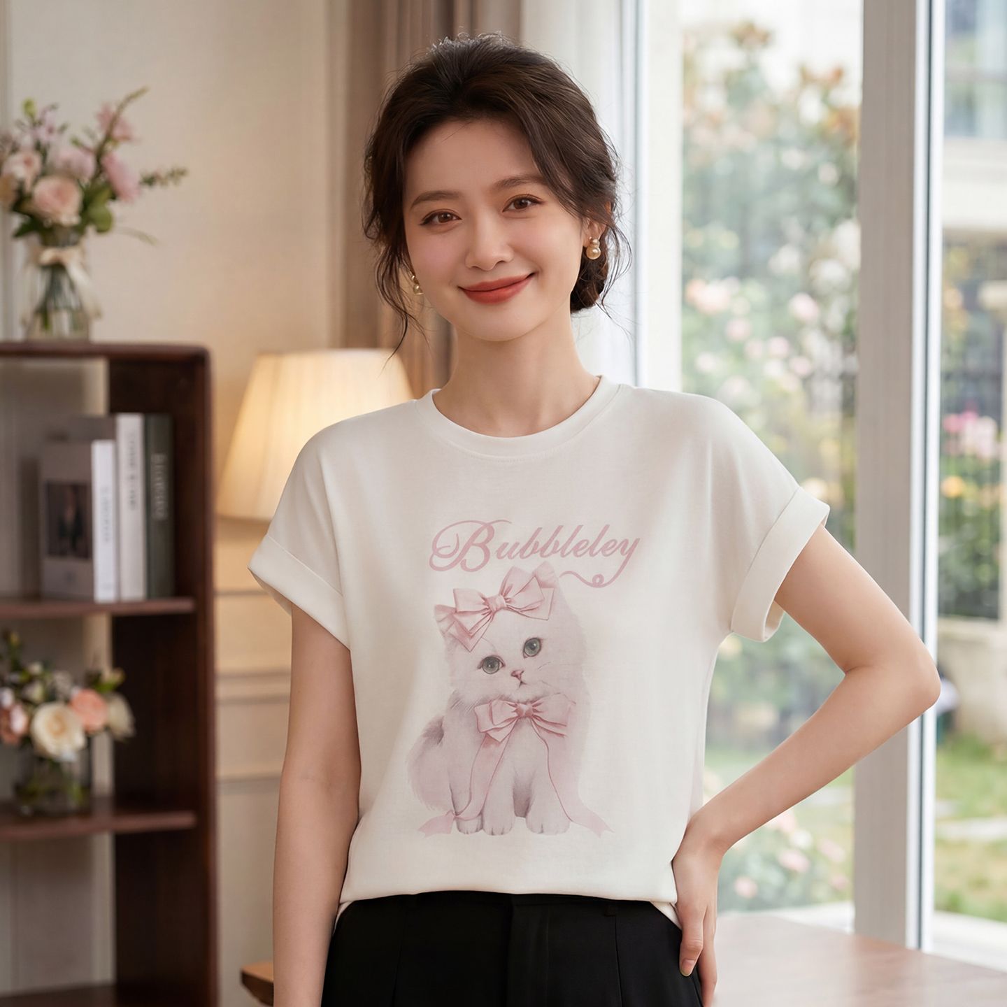 13717178.珍真羊 夏季小猫印花短袖T恤时尚百搭上衣女