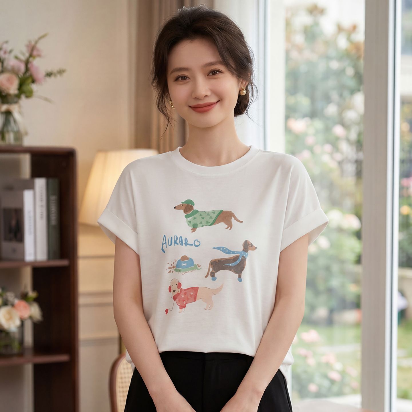 13717123.珍真羊 夏季卡通印花短袖T恤时尚百搭减龄上衣女