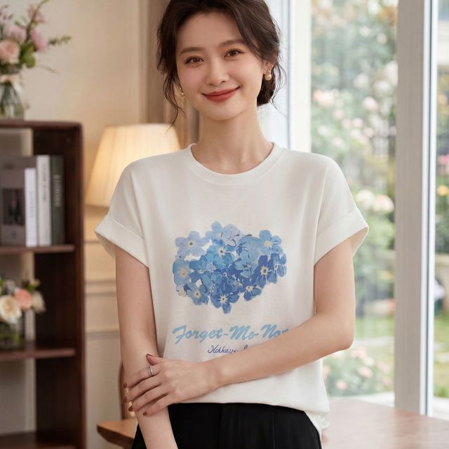 13719038.珍真羊 夏季花朵印花T恤时尚短袖上衣女