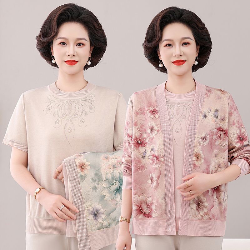13725255.珍真羊 妈妈装秋季印花套装时尚百搭休闲两件套女