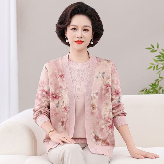 13725255.珍真羊 妈妈装秋季印花套装时尚百搭休闲两件套女