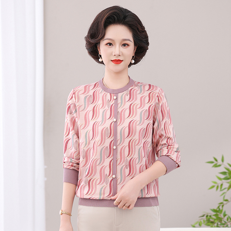 13729130.珍真羊 妈妈装秋季印花长袖上衣时尚百搭T恤女