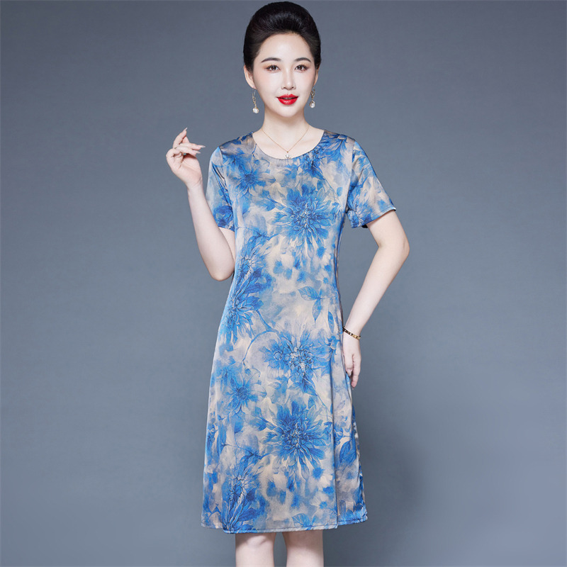 13730918.珍真羊 妈妈夏装连衣裙时尚印花圆领休闲裙子