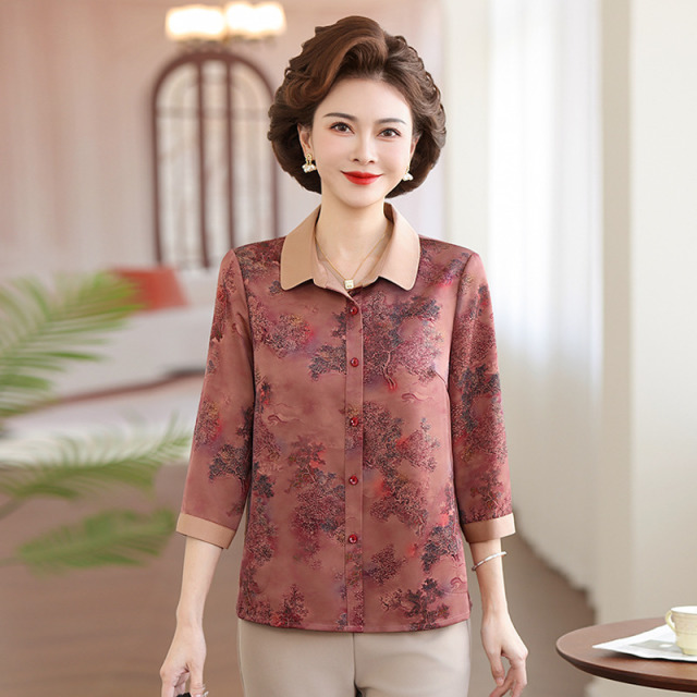 13754614.珍真羊 妈妈装早秋翻领印花衬衫洋气七分袖上衣女