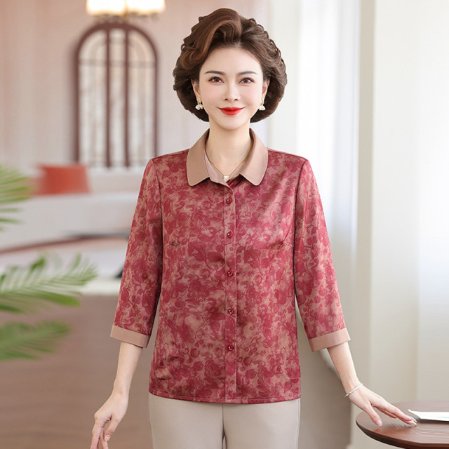 13757144.珍真羊 妈妈装早秋翻领印花衬衫时尚宽松百搭上衣女
