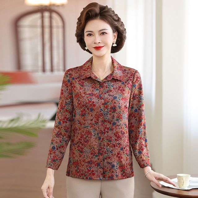 13757187.珍真羊 妈妈装早秋碎花九分袖衬衫时尚百搭衬衣女