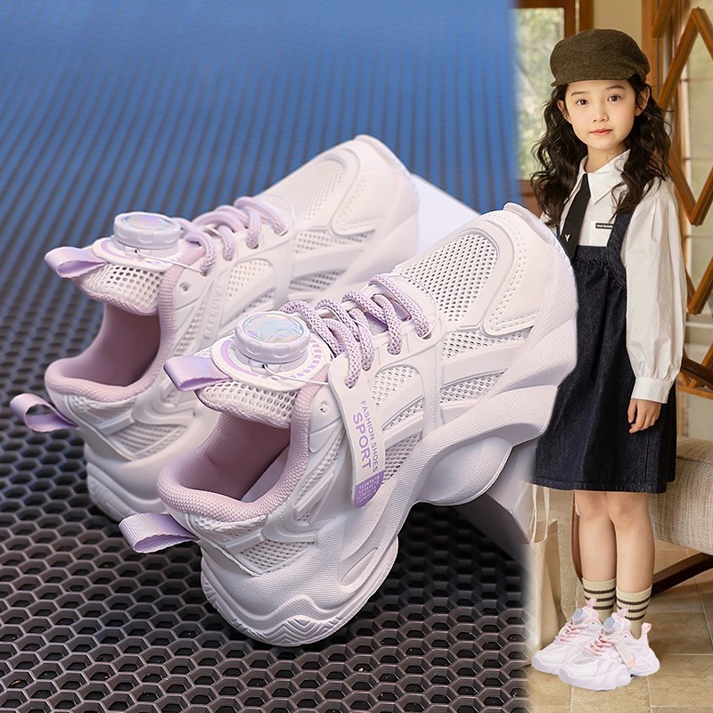 12137551.德国飞鹰女童小白鞋2026新款夏季软底儿童鞋子网面透气大童女孩运动老爹鞋(拍大一码)