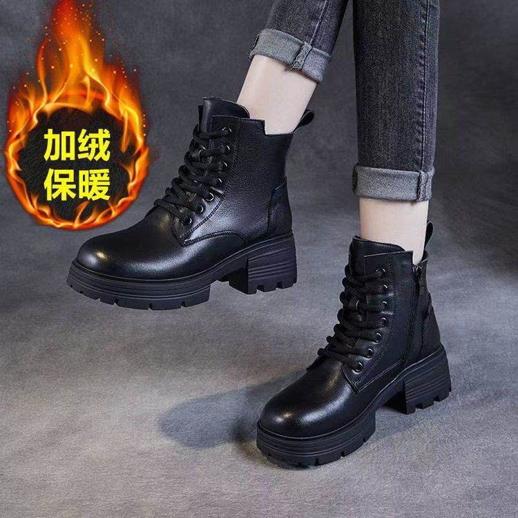 12682006.FANDEI马丁靴女英伦风秋冬新款复古软皮单靴厚底增高加绒保暖皮靴