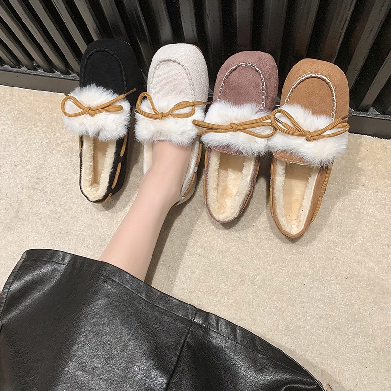 12689764.FANDEI皮毛一体豆豆鞋女冬季新款百搭平底厚底一脚蹬毛毛棉鞋女