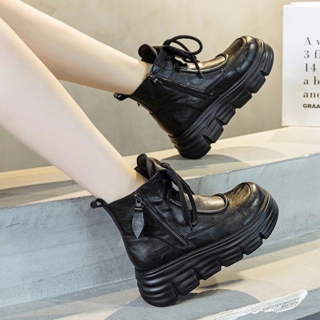 12878944.FANDEI秋冬季新款加绒软皮马丁靴女短靴小个子厚底增高女鞋高帮棉靴