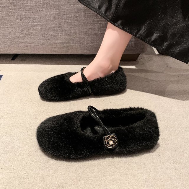 12882237.FANDEI玛丽珍毛毛鞋女秋冬季新款外穿加绒孕妇豆豆鞋棉鞋法式晚风温柔毛绒单鞋
