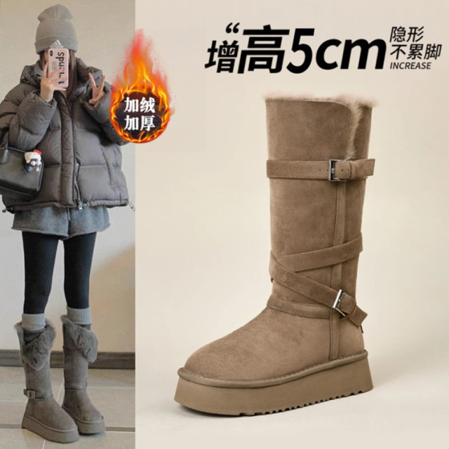 13059577.德国飞鹰冬季新款保暖厚底中长筒时尚雪地靴女搭搭扣东北毛毛棉靴