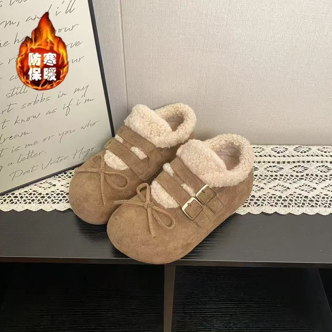 13078632.德国飞鹰冬季新款时尚百搭厚底蝴蝶结加绒棉鞋设计感勃肯鞋