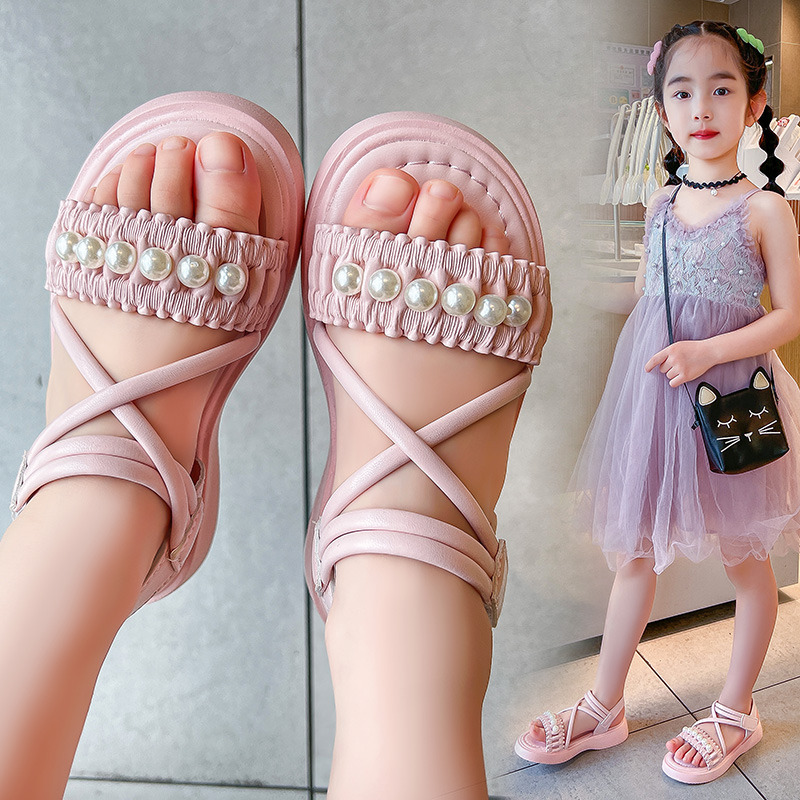 13593849.EH 2026女童珍珠凉鞋夏季新款时尚百搭魔术贴防滑软底儿童公主鞋