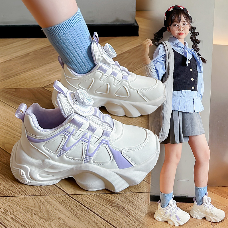 13790650.德国飞鹰女童鞋子小白鞋2026新款秋季儿童老爹鞋旋转扣女孩软底跑步运动鞋（拍大一码）
