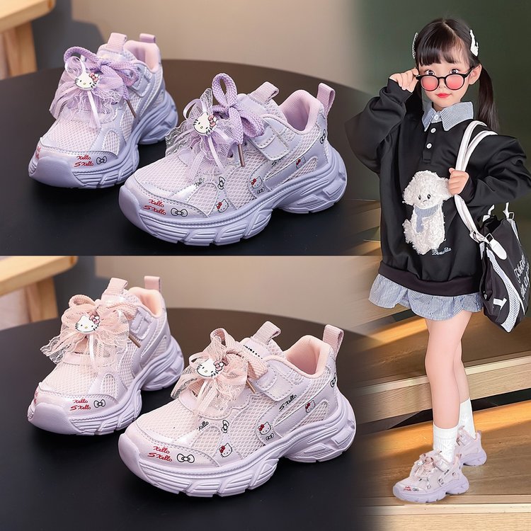 13798429.德国飞鹰女童老爹鞋2026秋冬新款双网透气运动鞋儿童蝴蝶结休闲鞋粉紫色(拍大一码)