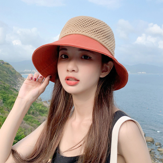 10874402.望远行 蝴蝶遮阳帽女夏天可折叠小沿帽网眼渔夫帽太阳帽镂空沙滩编织草帽秒杀
