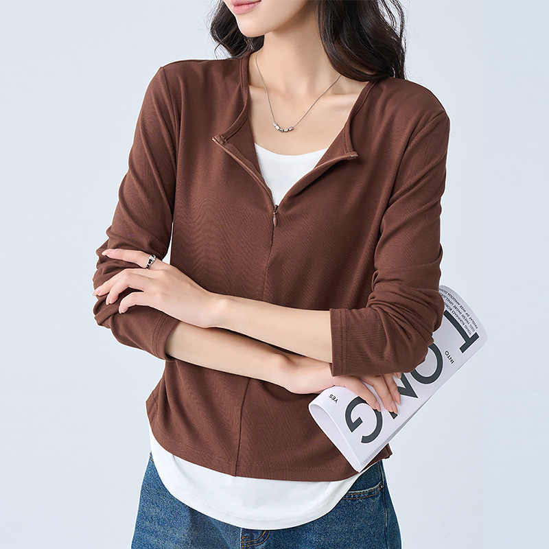 11281198.巴洛尼莫秋季假两件打底衫女2024新款显瘦长袖t恤上衣时尚休闲百搭CX2508