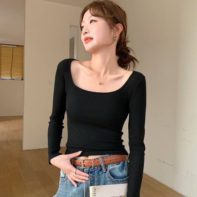11616631.巴洛尼莫新款螺纹大U领长袖上衣女式春款修身T恤轻暖简约休闲打底衫TXH869