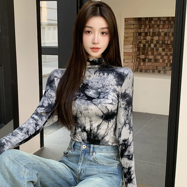 11637853.巴洛尼莫水墨打底衫女复古潮流优雅百搭半高领渐变扎染印花女春秋上衣DDH828