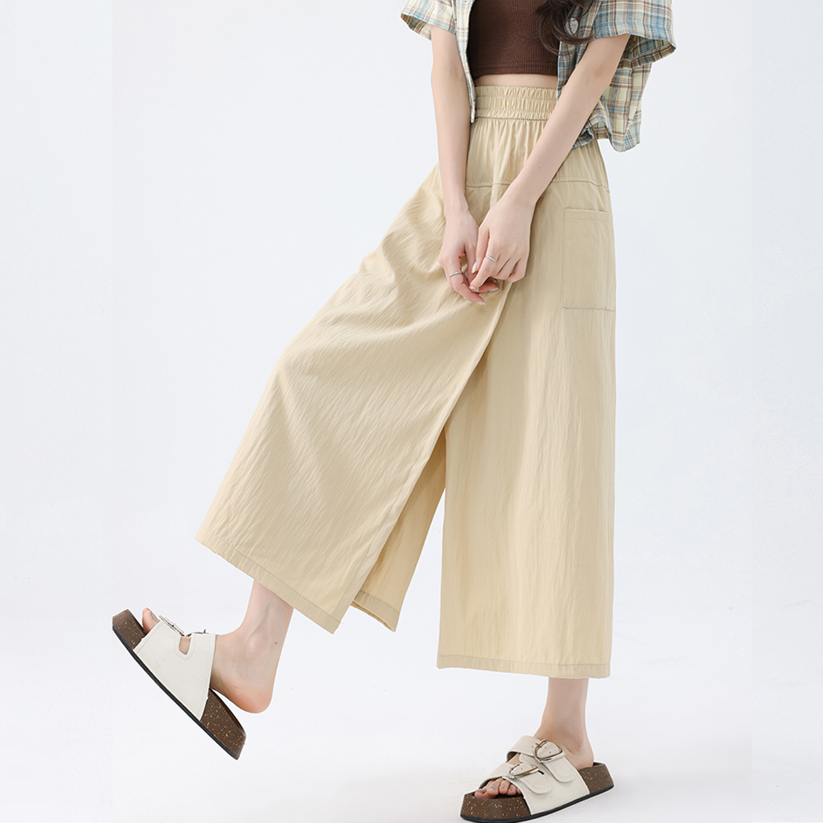 11884764.巴洛尼莫2026新款冰丝七分工装裙裤女夏季薄款日系高腰宽松显瘦休闲阔腿裤KZ7798B