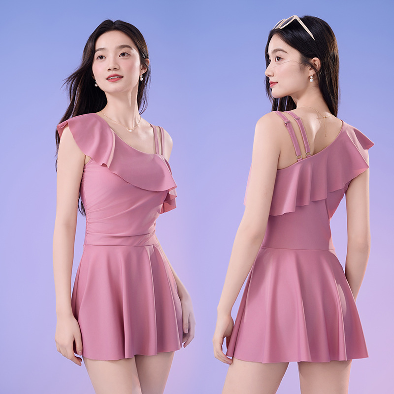 13604037.巴洛尼莫新款时尚单肩木耳边保守裙式连体泳衣显瘦平角裤温泉连体泳装YYA23