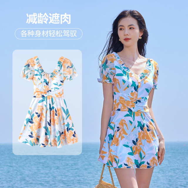 12161306.巴洛尼莫ins风仙女泳裙高腰显瘦大码泳装连体性感V领小清新泳衣女耐穿YY8833