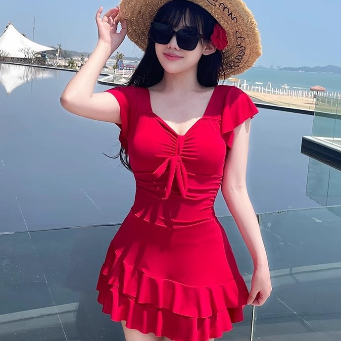 13298912.巴洛尼莫连体泳衣女士遮肚显瘦保守带胸垫海边度假温泉连衣裙式游泳装YY0295