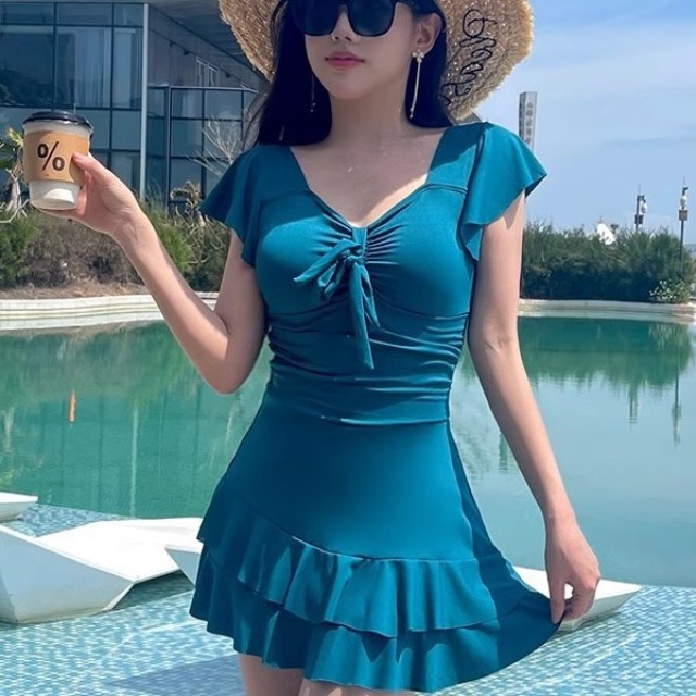 13603957.巴洛尼莫连体泳衣女士遮肚显瘦保守带胸垫海边度假温泉连衣裙式泳装YY0295