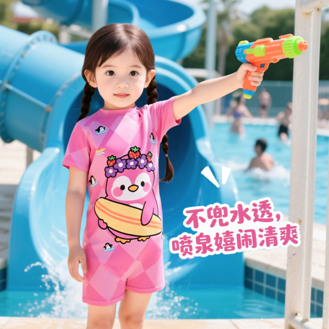 13604065.巴洛尼莫卡通可爱儿童泳衣连体女童中小童短袖短裤泳装女孩保守游泳衣YY775