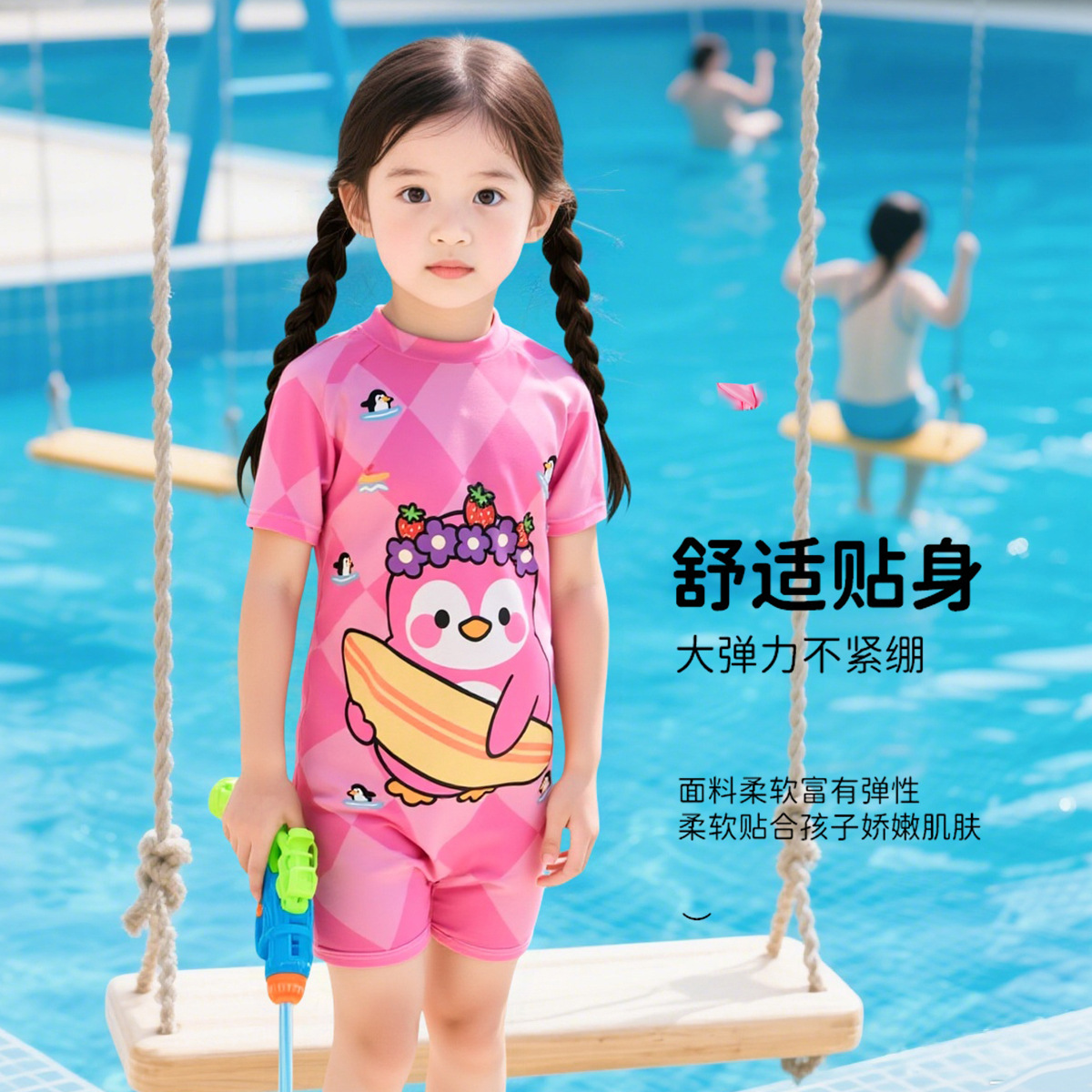 13604065.巴洛尼莫卡通可爱儿童泳衣连体女童中小童短袖短裤泳装女孩保守游泳衣YY775