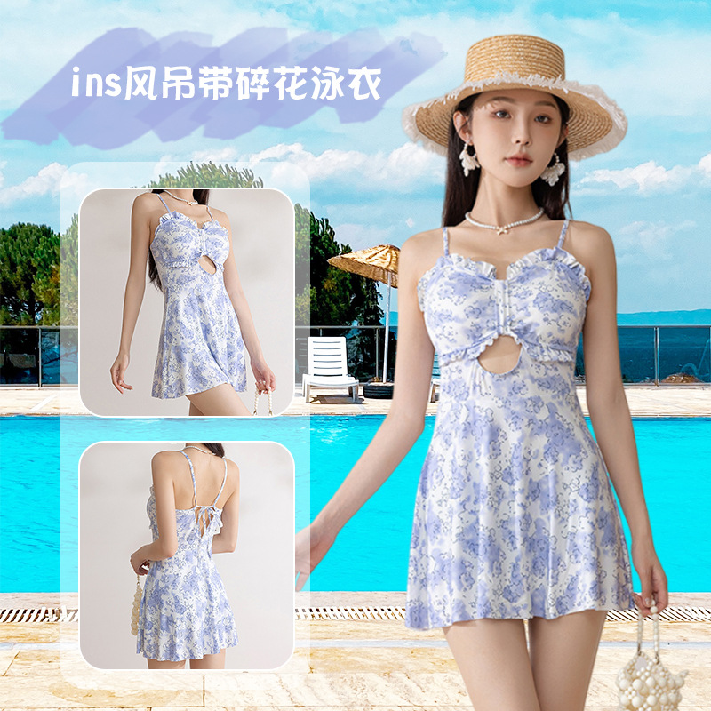 13603978.巴洛尼莫夏季连体游泳衣显瘦露背性感少女显白吊带裙遮肚平角保守泳装YY8227