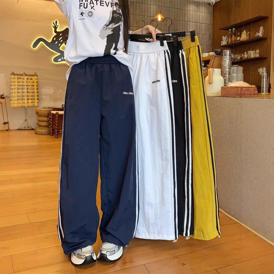 13622780.巴洛尼莫美式条纹速干裤女夏季薄款撞色休闲直筒运动裤宽松冰丝阔腿工装裤KZ1613