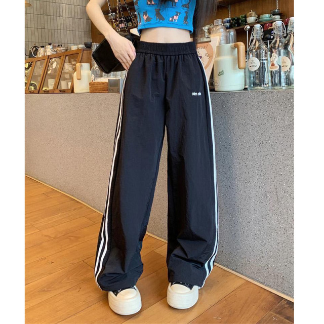 13622780.巴洛尼莫美式条纹速干裤女夏季薄款撞色休闲直筒运动裤宽松冰丝阔腿工装裤KZ1613
