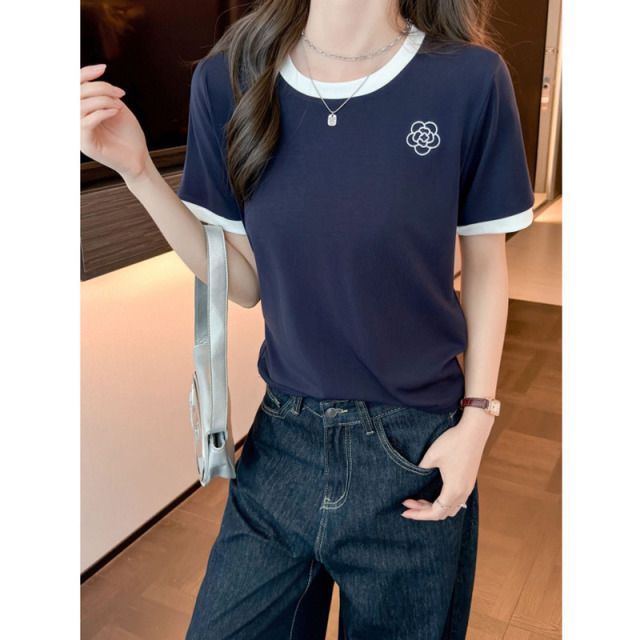 13678560.巴洛尼莫【莱赛尔山茶花】冰感山茶花刺绣短袖夏宽松时尚撞色领口百搭T恤TX2588