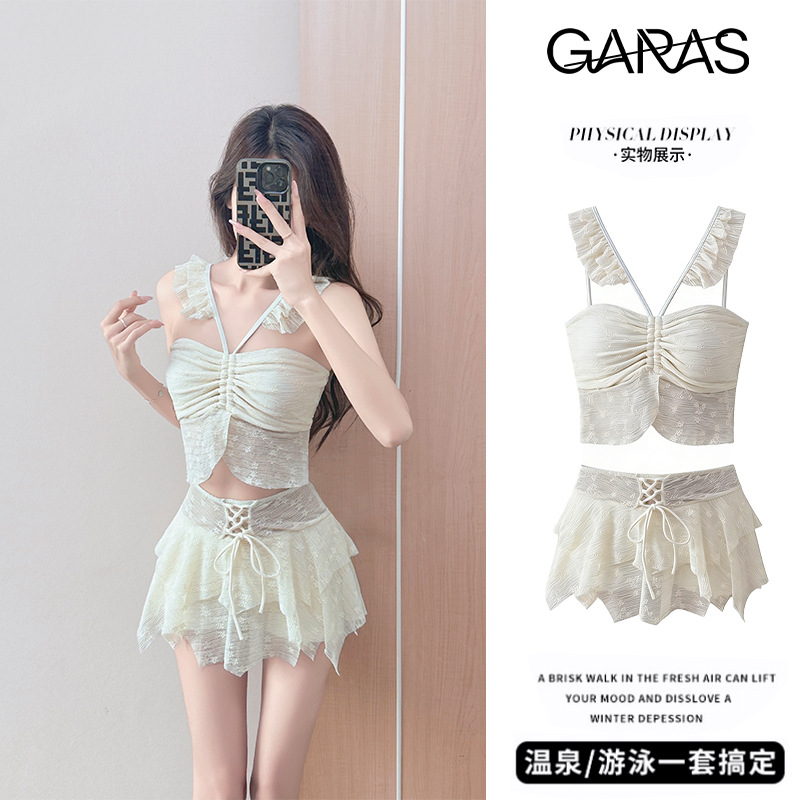 13682330.巴洛尼莫泳衣女小清新分体裙式两件套吊带露背无袖款速干泡温泉泳装YY6217