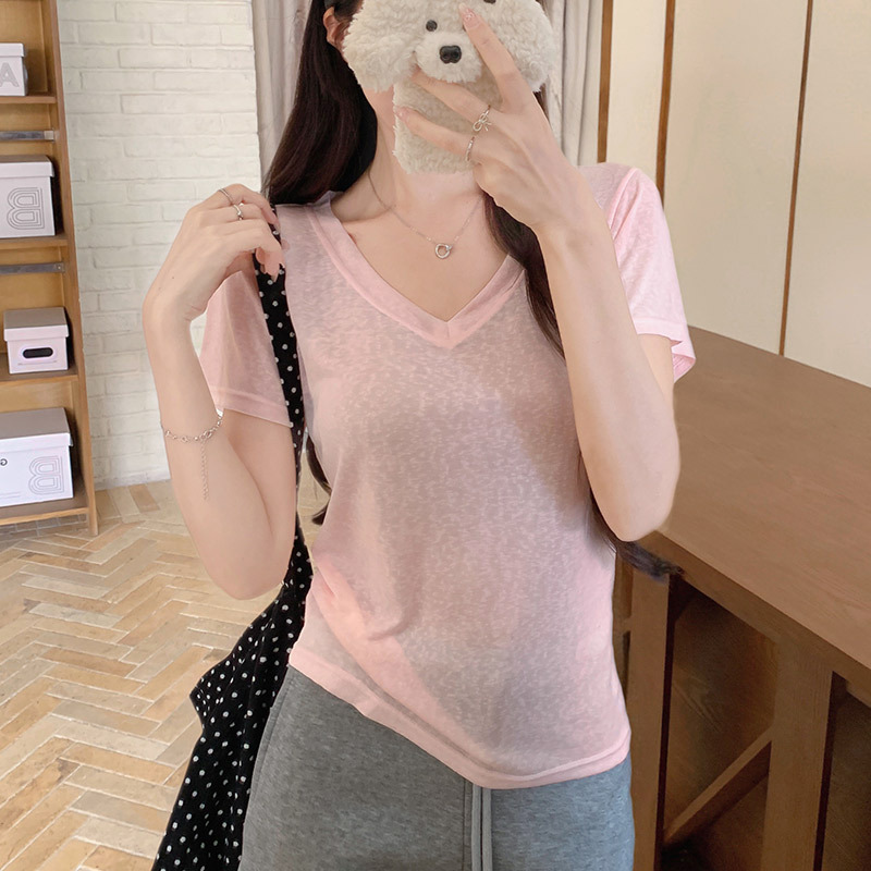 13681899.巴洛尼莫莱赛尔v领短袖T恤女新款2026夏季薄款休闲透气宽松显瘦打底上衣TXK3718