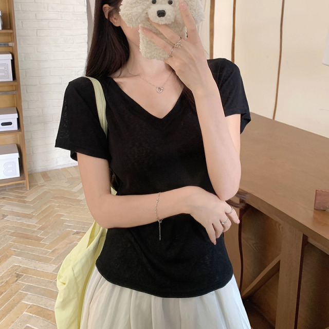 13681899.巴洛尼莫莱赛尔v领短袖T恤女新款2026夏季薄款休闲透气宽松显瘦打底上衣TXK3718