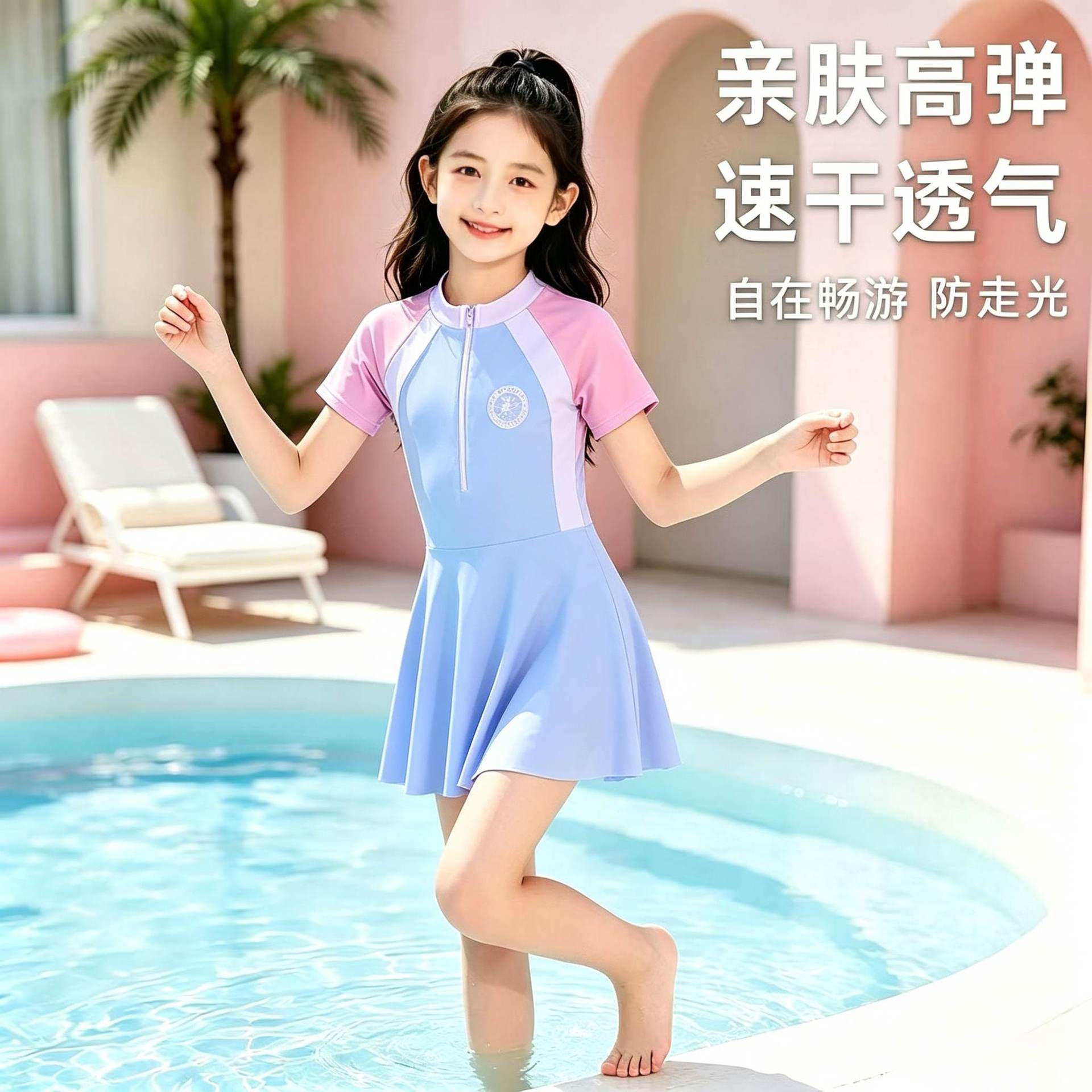 13690082.巴洛尼莫儿童泳衣小女孩中大女童速干游泳衣公主连体裙式学生专业防晒泳装YYH22