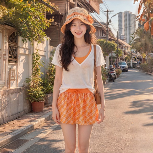 13691090.巴洛尼莫泳衣女短袖分体比基尼橘色格纹花苞裙遮肚显瘦保守沙滩度假四件套YY78635