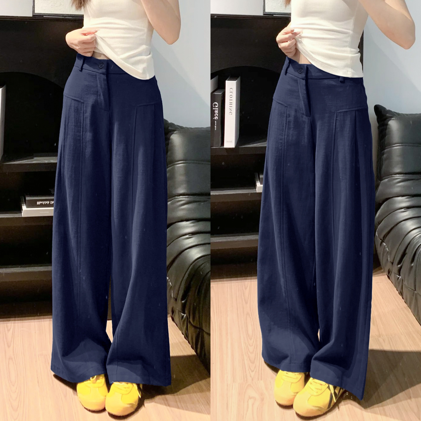 13717353.巴洛尼莫藏青色亚麻阔腿裤女夏季薄款高腰老钱风西装直筒冰丝棉麻休闲裤子KZ628