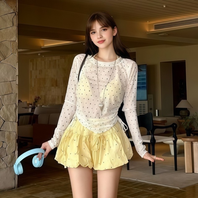 13729313.巴洛尼莫多巴胺甜美风波点分体泳衣女三件套保守遮肚罩衫长袖度假温泉泳装YY77238